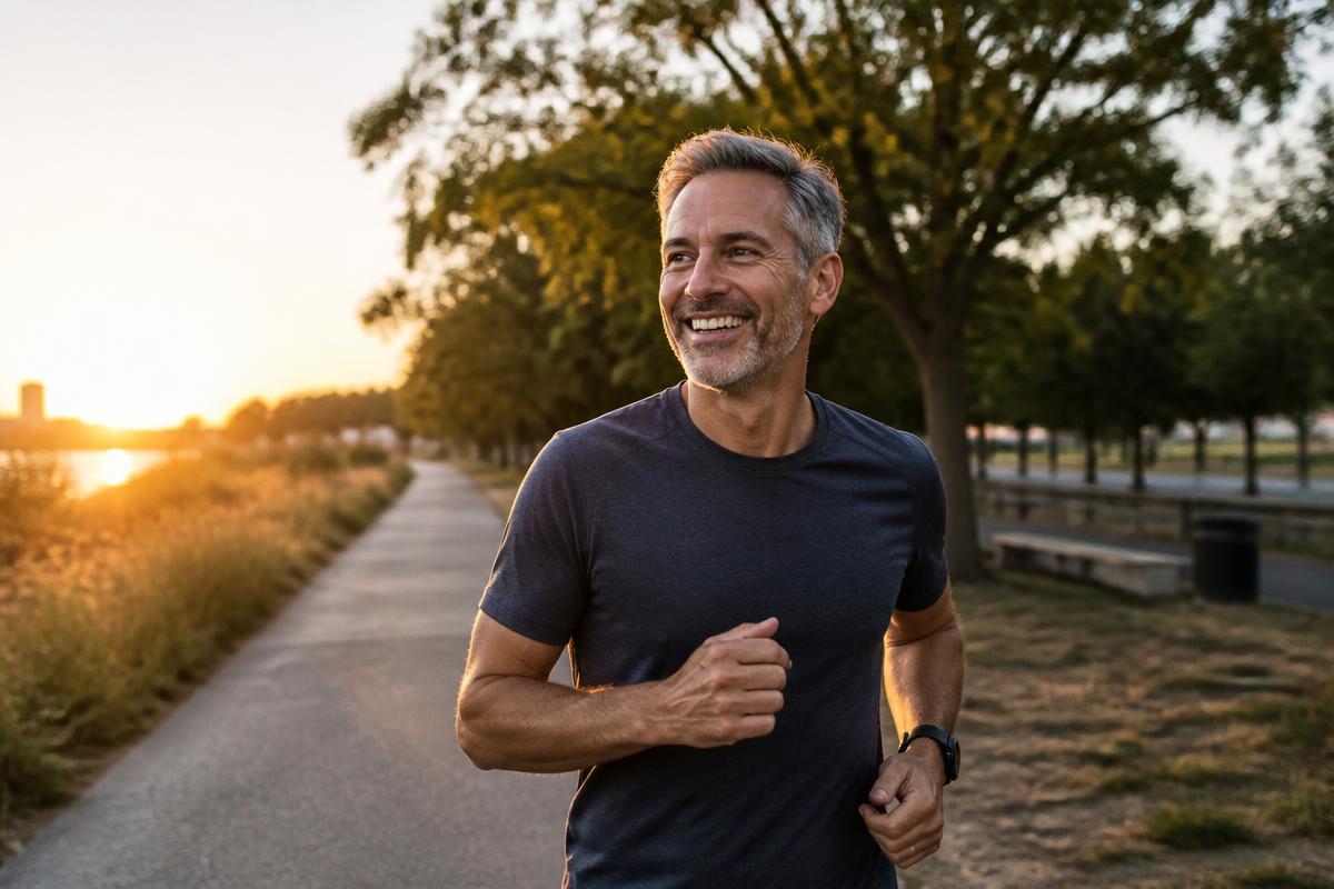 Middle-aged man jogging on a park path at sunrise