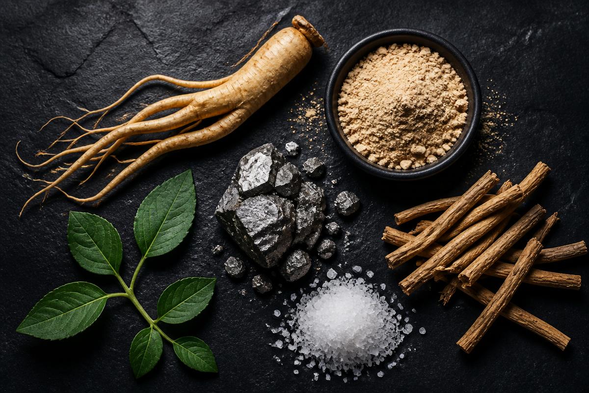 Ginseng root, maca powder, zinc, herbs and mineral crystals arranged on dark slate