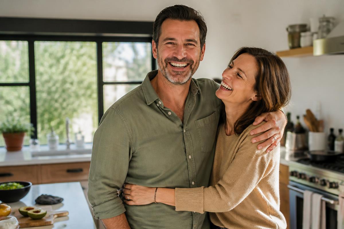 Happy couple laughing together in a sunlit kitchen