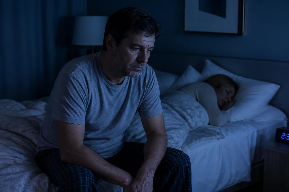 Man sitting awake on the edge of his bed at night while his wife sleeps
